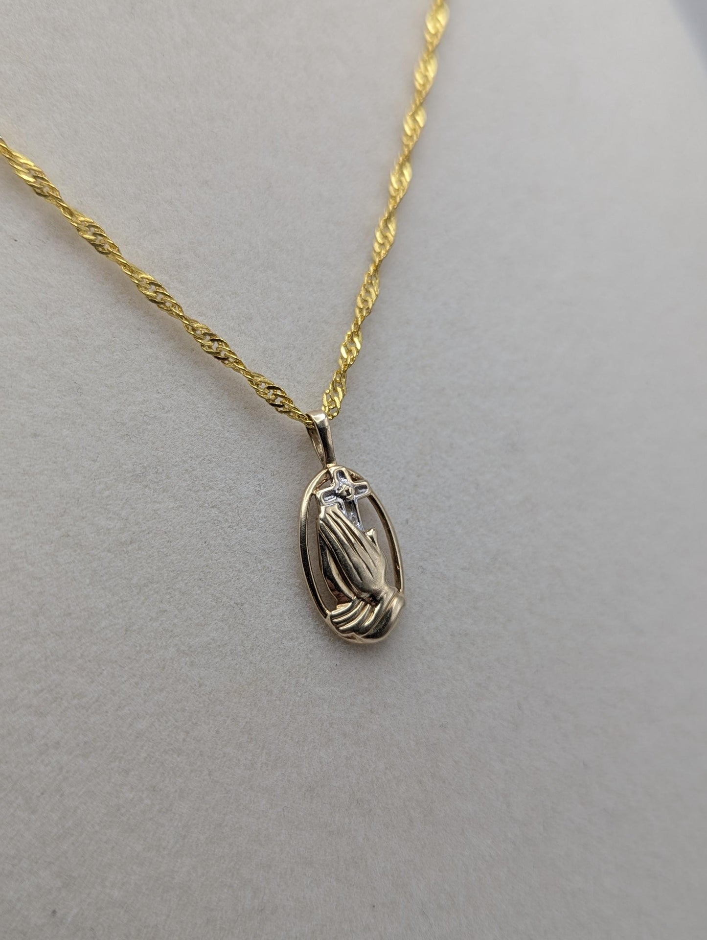 14K Yellow Gold Praying Hands Pendant Necklace + Complimentary 18k GF 18" Chain