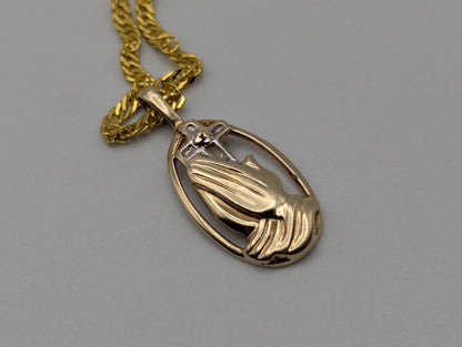 14K Yellow Gold Praying Hands Pendant Necklace + Complimentary 18k GF 18" Chain