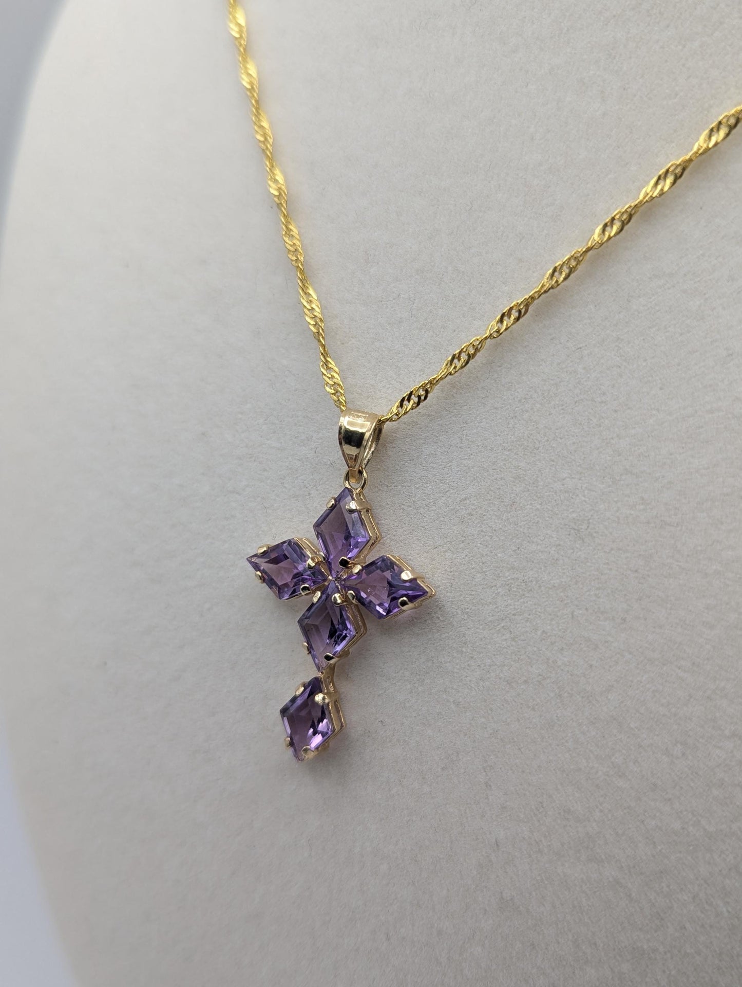 14k Yellow Gold Large Cross Amethyst Pendant Necklace + Compliment GF 18k chain