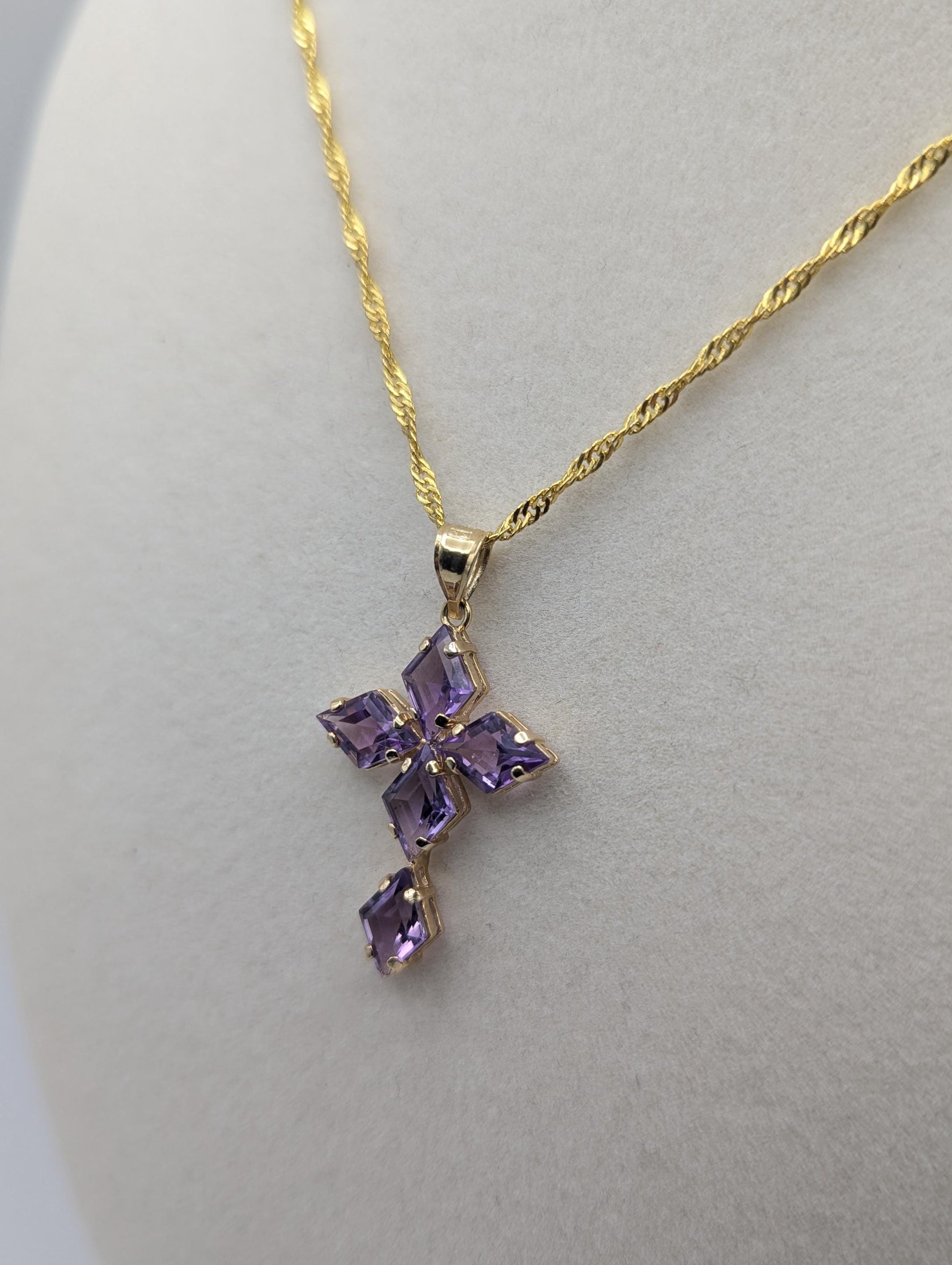 14k Yellow Gold Large Cross Amethyst Pendant Necklace + Compliment GF 18k chain