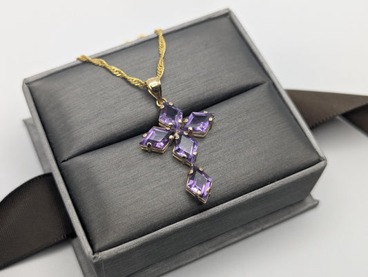 14k Yellow Gold Large Cross Amethyst Pendant Necklace + Compliment GF 18k chain