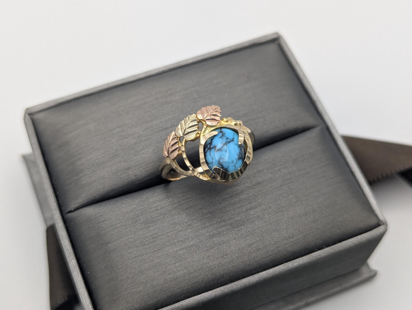 10k Black Hills Gold Tri-Colored Leaf Turquoise Vine Ring Women BHG Trio Gold Vine Ring