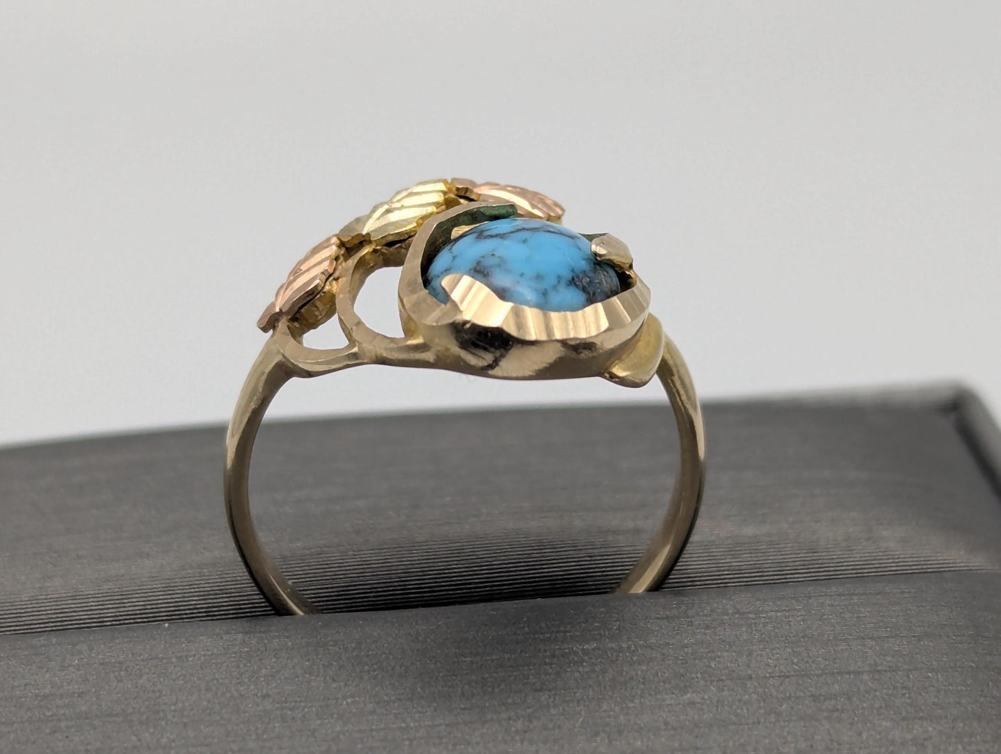 10k Black Hills Gold Tri-Colored Leaf Turquoise Vine Ring Women BHG Trio Gold Vine Ring