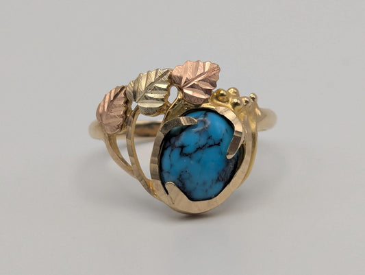 10k Black Hills Gold Tri-Colored Leaf Turquoise Vine Ring Women BHG Trio Gold Vine Ring