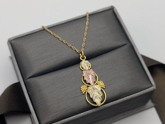 10k 12k Black Hills Gold Vine Leaf Pendant, Chain Necklace