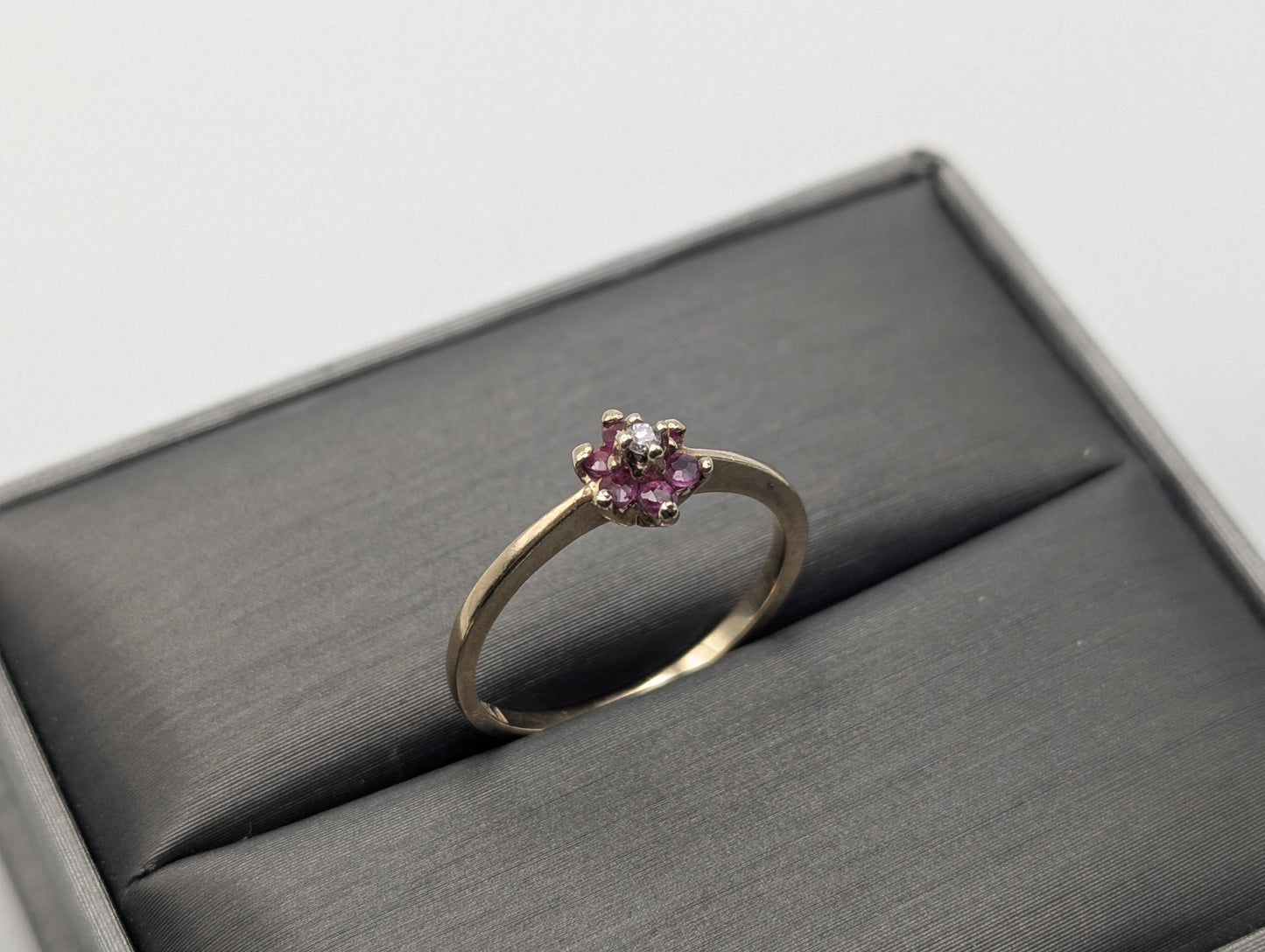10k Flower Diamond Ruby Ring. Yellow Gold Dainty Daisy Promise Love Ring