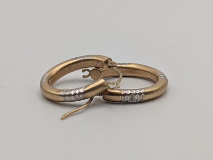 14k Vintage Two-Tone Gold Classic Etched Textured Hoop Earrings Dainty Gold Hoops Hinged