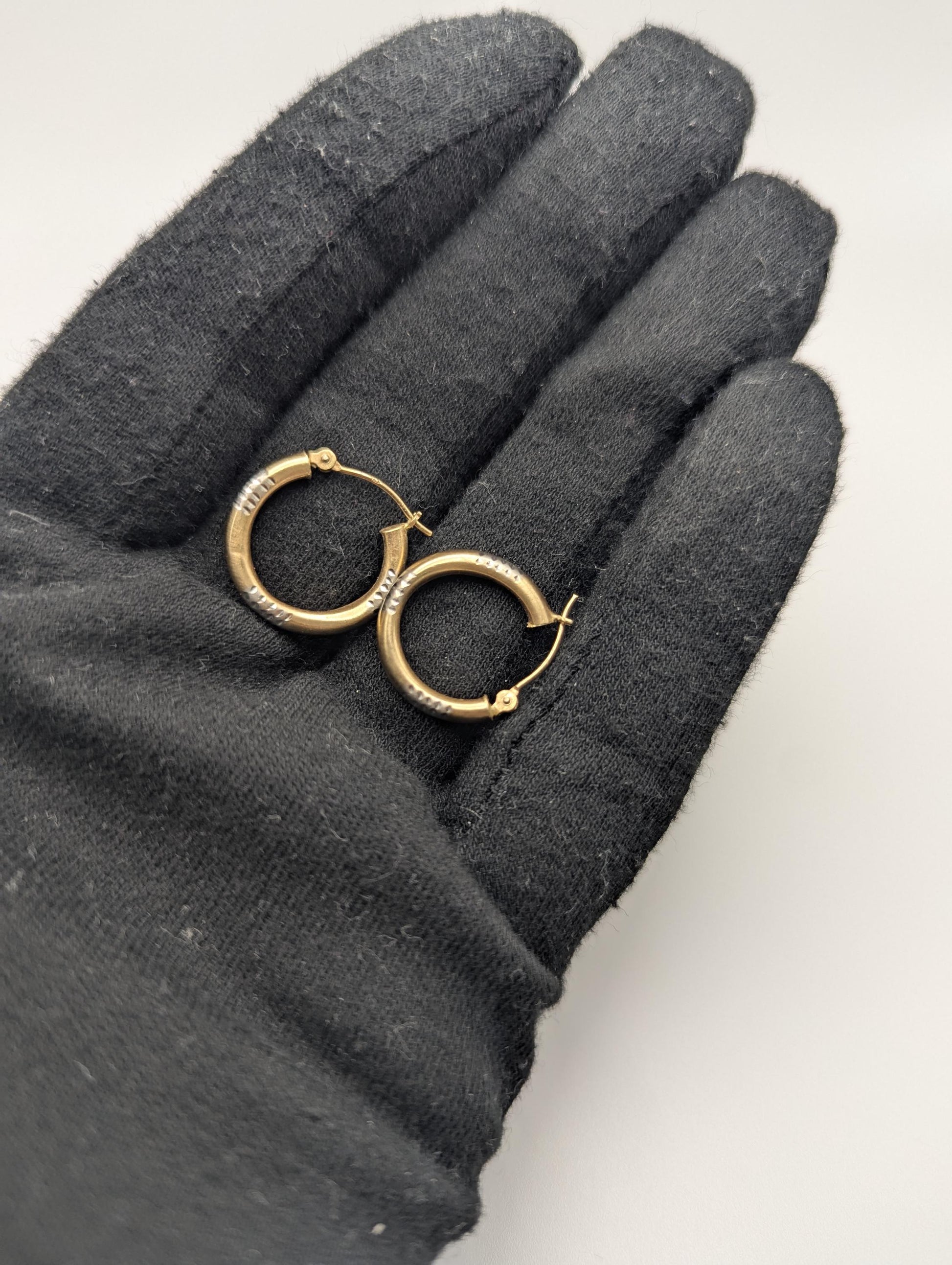 14k Vintage Two-Tone Gold Classic Etched Textured Hoop Earrings Dainty Gold Hoops Hinged