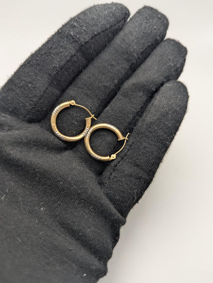 14k Vintage Two-Tone Gold Classic Etched Textured Hoop Earrings Dainty Gold Hoops Hinged