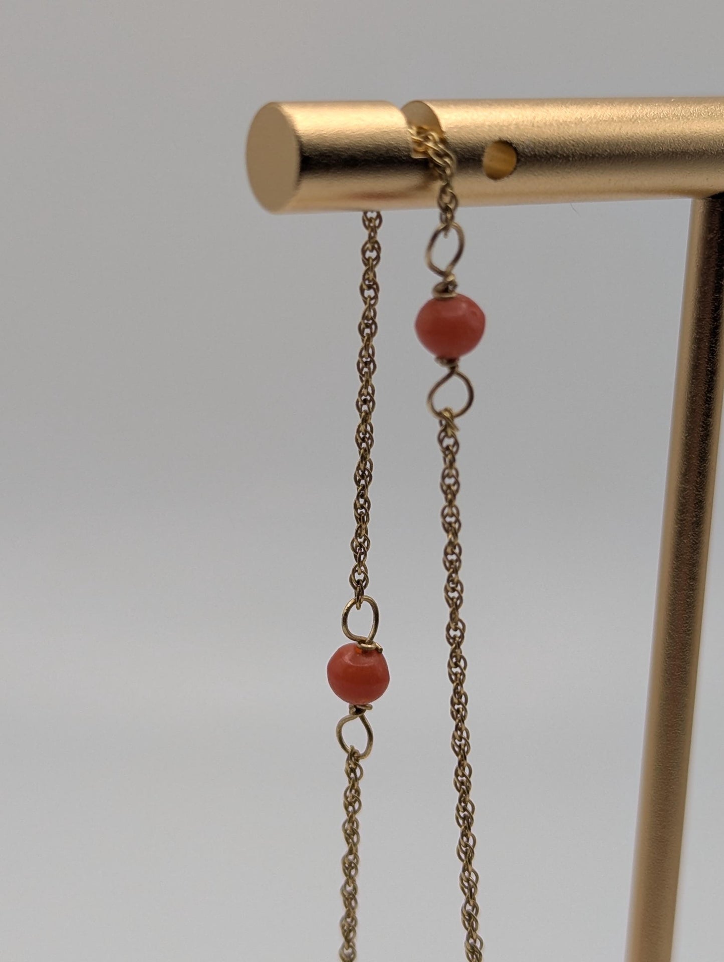 14k Yellow Solid Gold Pink Coral Rope Necklace. Coral Bead Gold Chain Necklace.