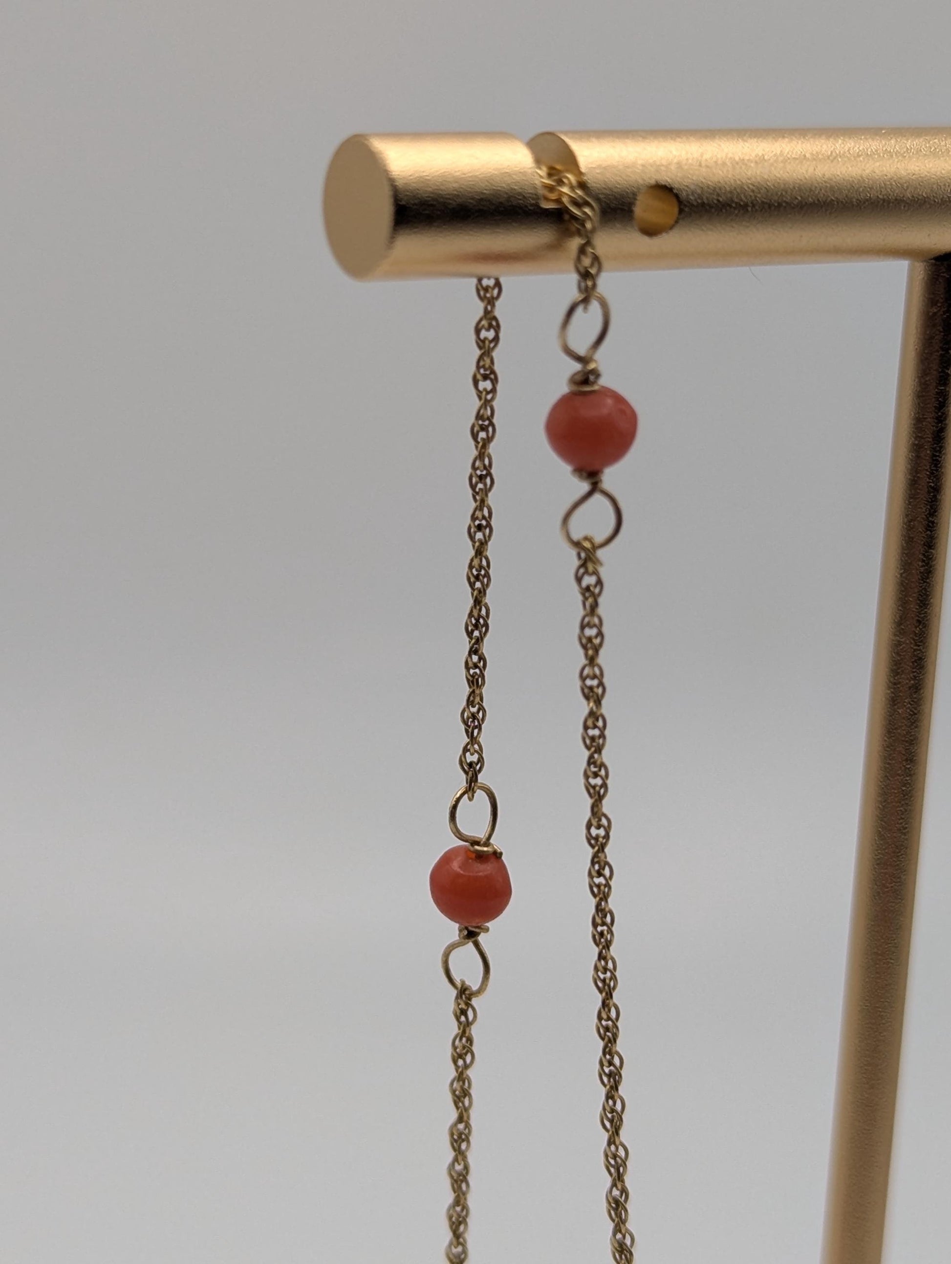 14k Yellow Solid Gold Pink Coral Rope Necklace. Coral Bead Gold Chain Necklace.