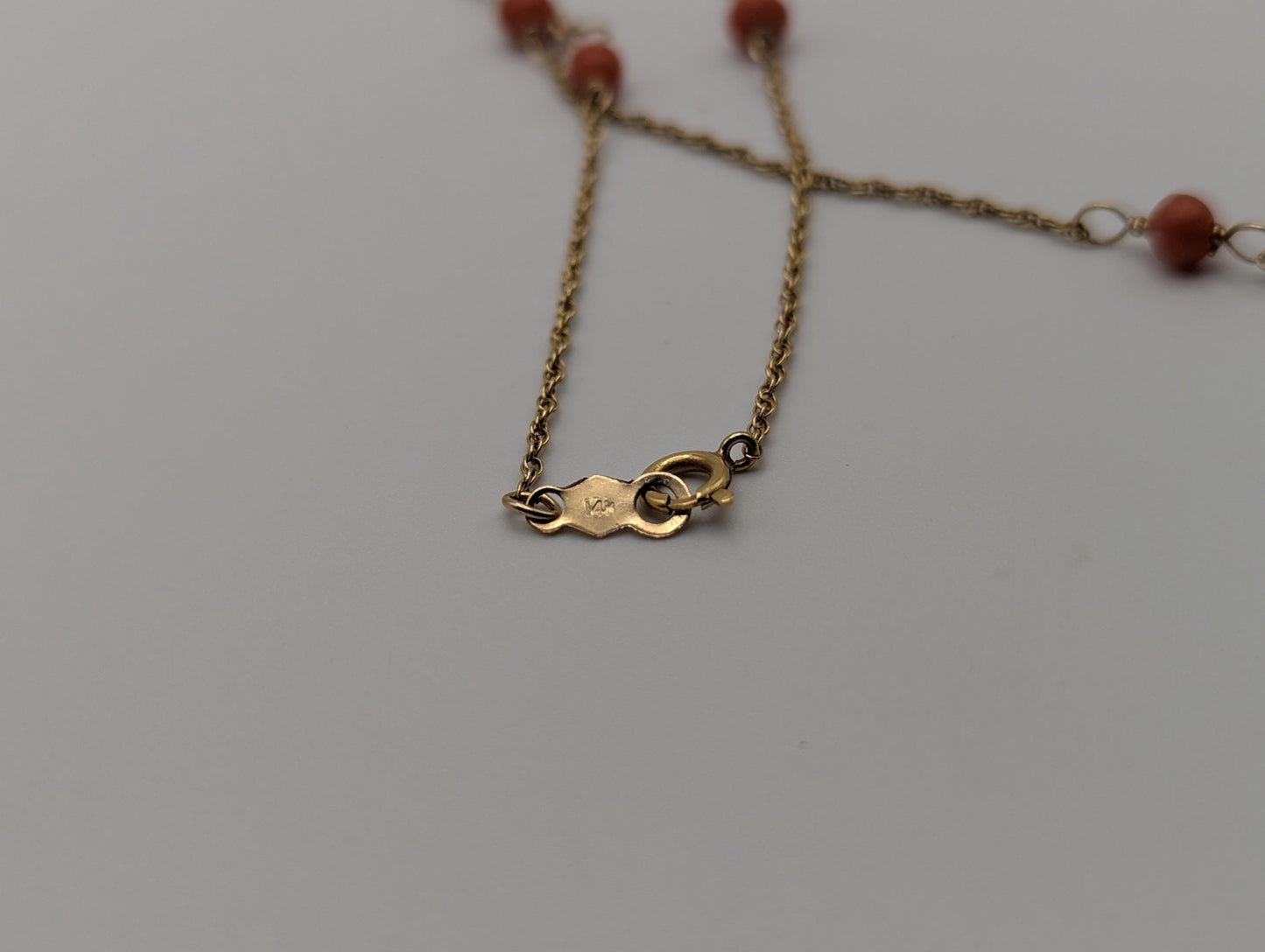 14k Yellow Solid Gold Pink Coral Rope Necklace. Coral Bead Gold Chain Necklace.