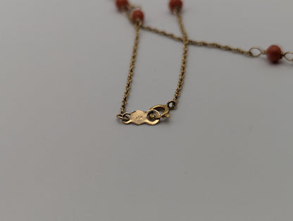 14k Yellow Solid Gold Pink Coral Rope Necklace. Coral Bead Gold Chain Necklace.