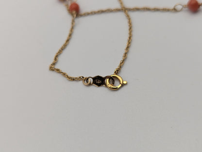 14k Yellow Solid Gold Pink Coral Rope Necklace. Coral Bead Gold Chain Necklace.