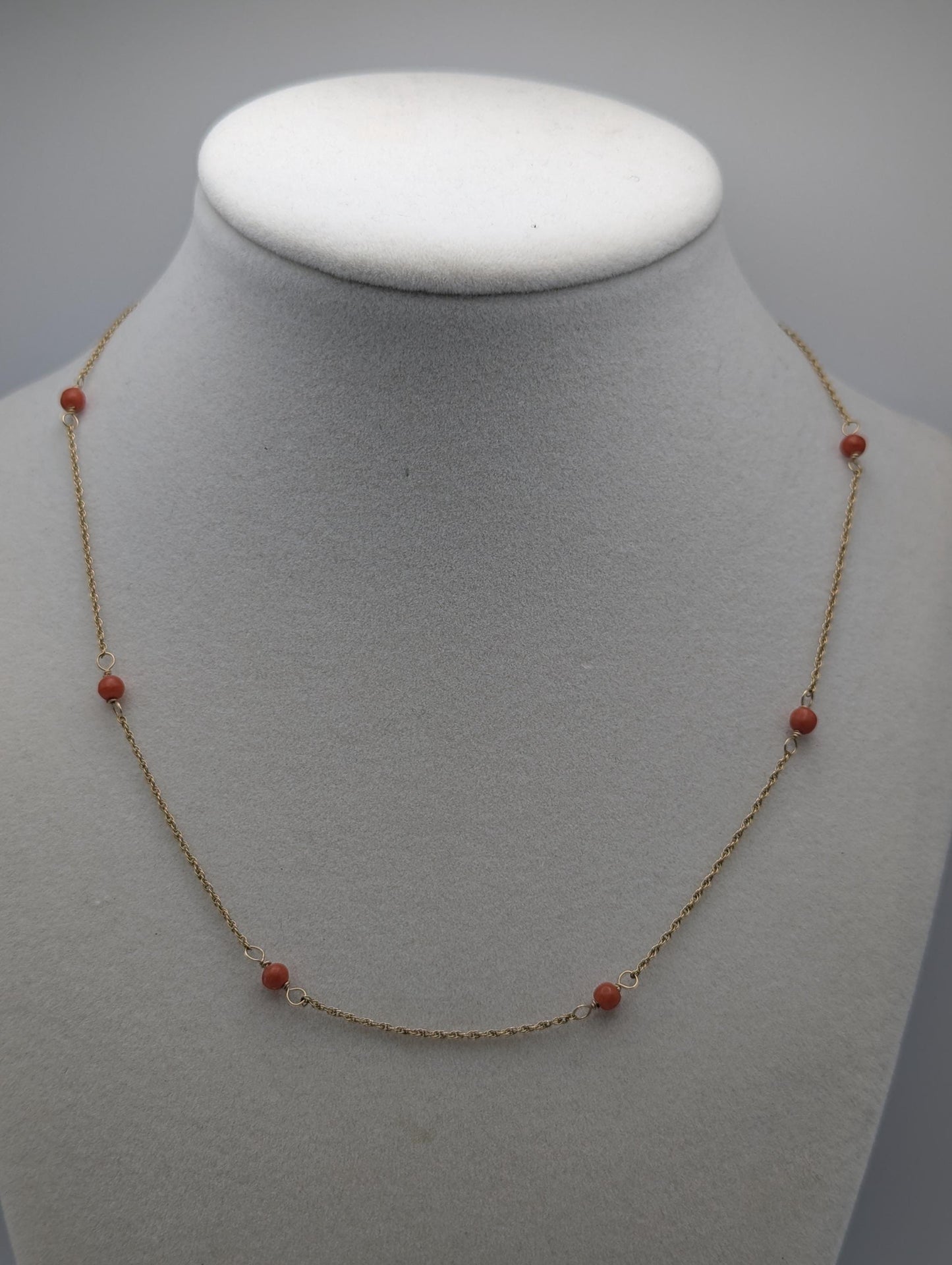 14k Yellow Solid Gold Pink Coral Rope Necklace. Coral Bead Gold Chain Necklace.