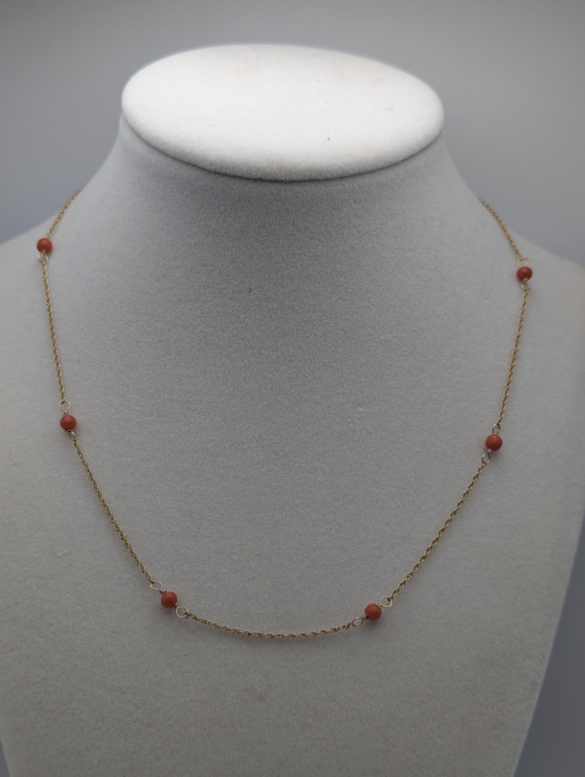 14k Yellow Solid Gold Pink Coral Rope Necklace. Coral Bead Gold Chain Necklace.