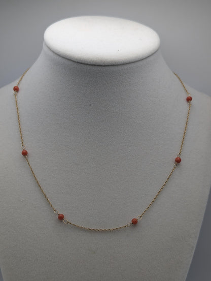 14k Yellow Solid Gold Pink Coral Rope Necklace. Coral Bead Gold Chain Necklace.