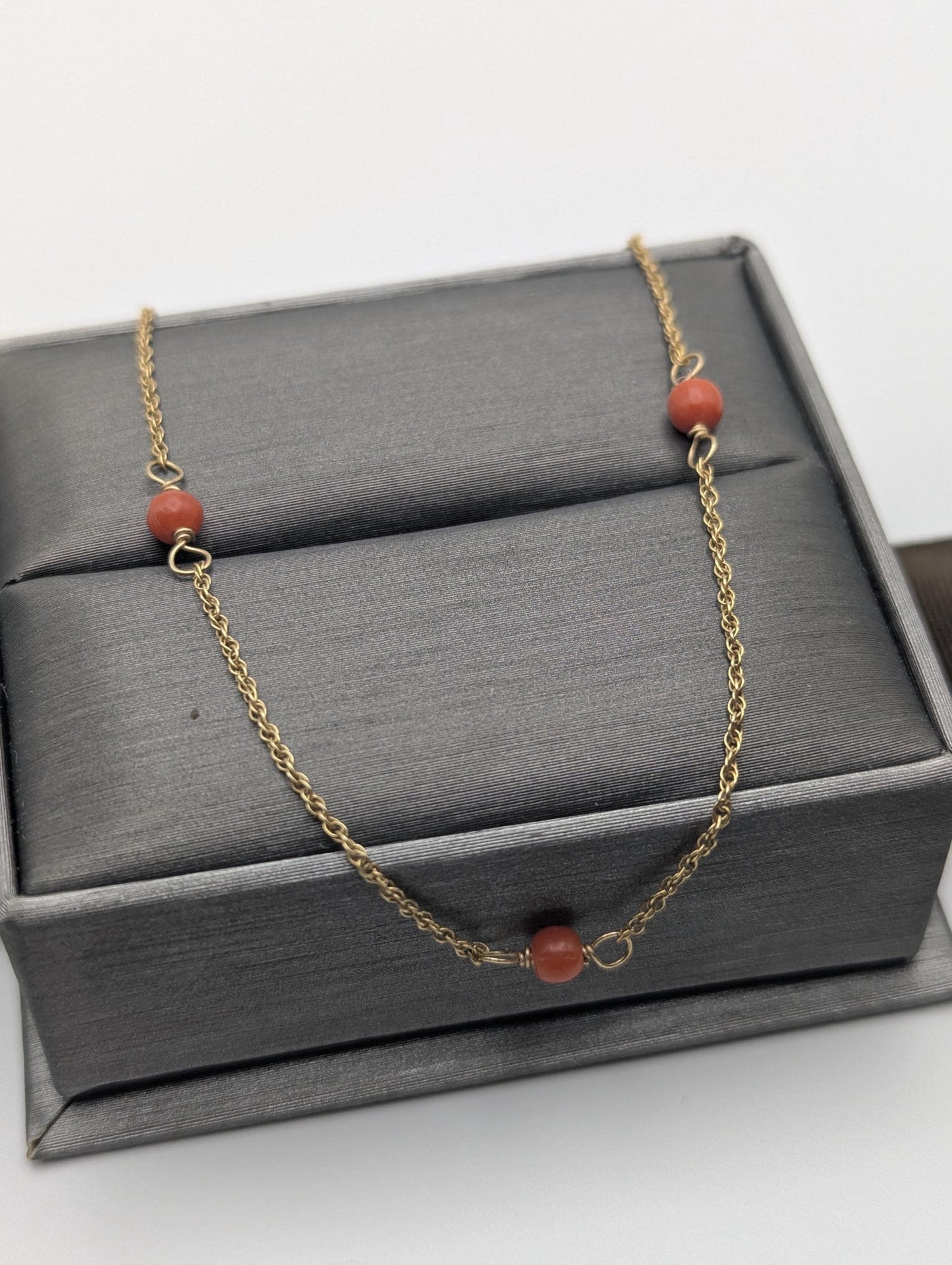 14k Yellow Solid Gold Pink Coral Rope Necklace. Coral Bead Gold Chain Necklace.