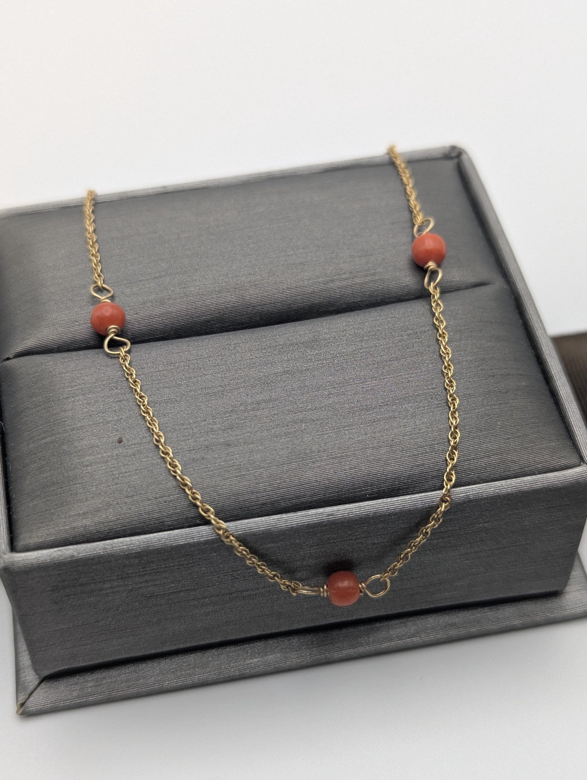 14k Yellow Solid Gold Pink Coral Rope Necklace. Coral Bead Gold Chain Necklace.