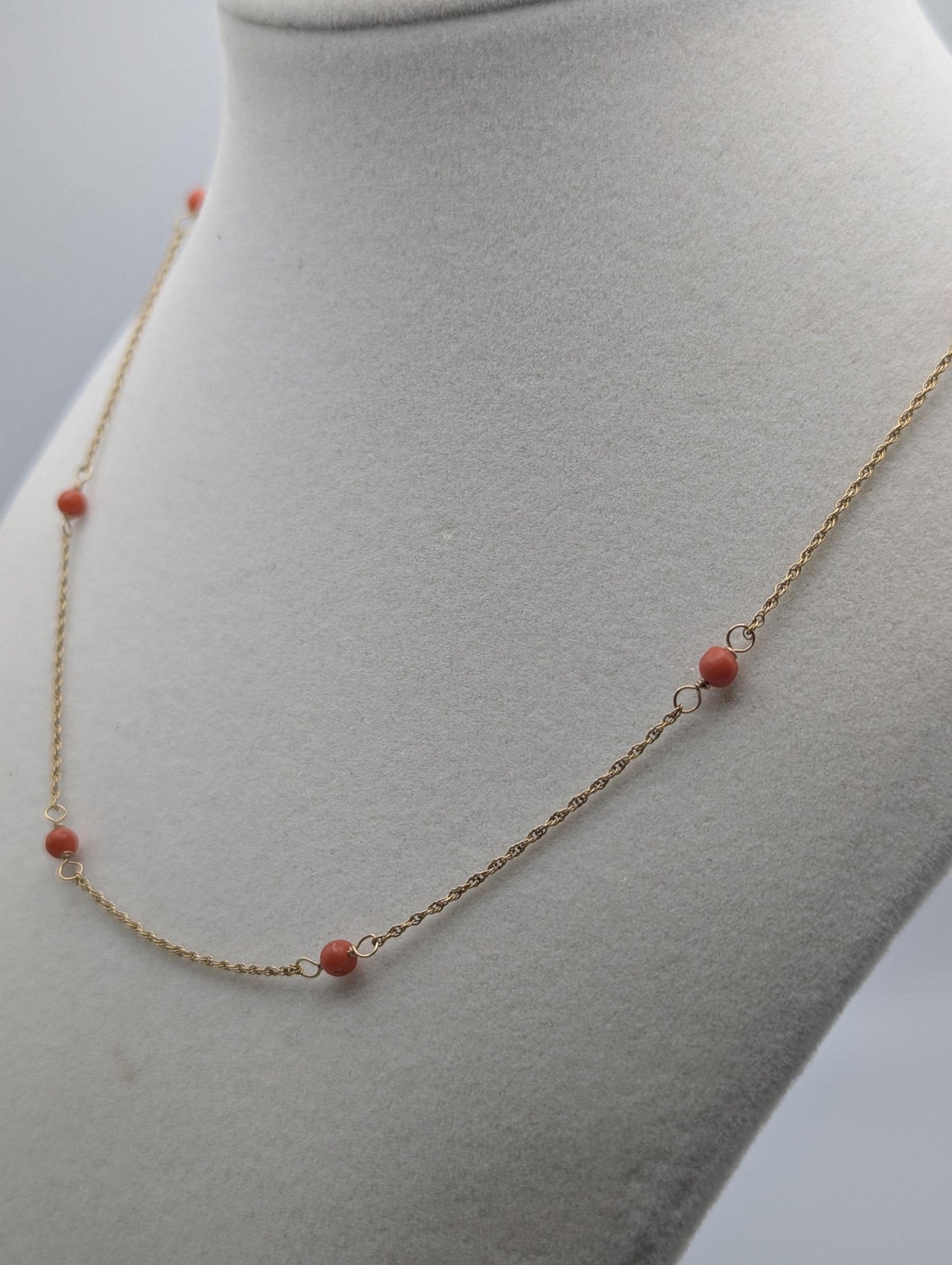 14k Yellow Solid Gold Pink Coral Rope Necklace. Coral Bead Gold Chain Necklace.