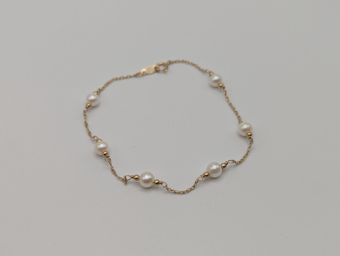 10k Yellow Gold Pearl Bracelets Women Bracelet 7" Pearl Chain Link Bracelet