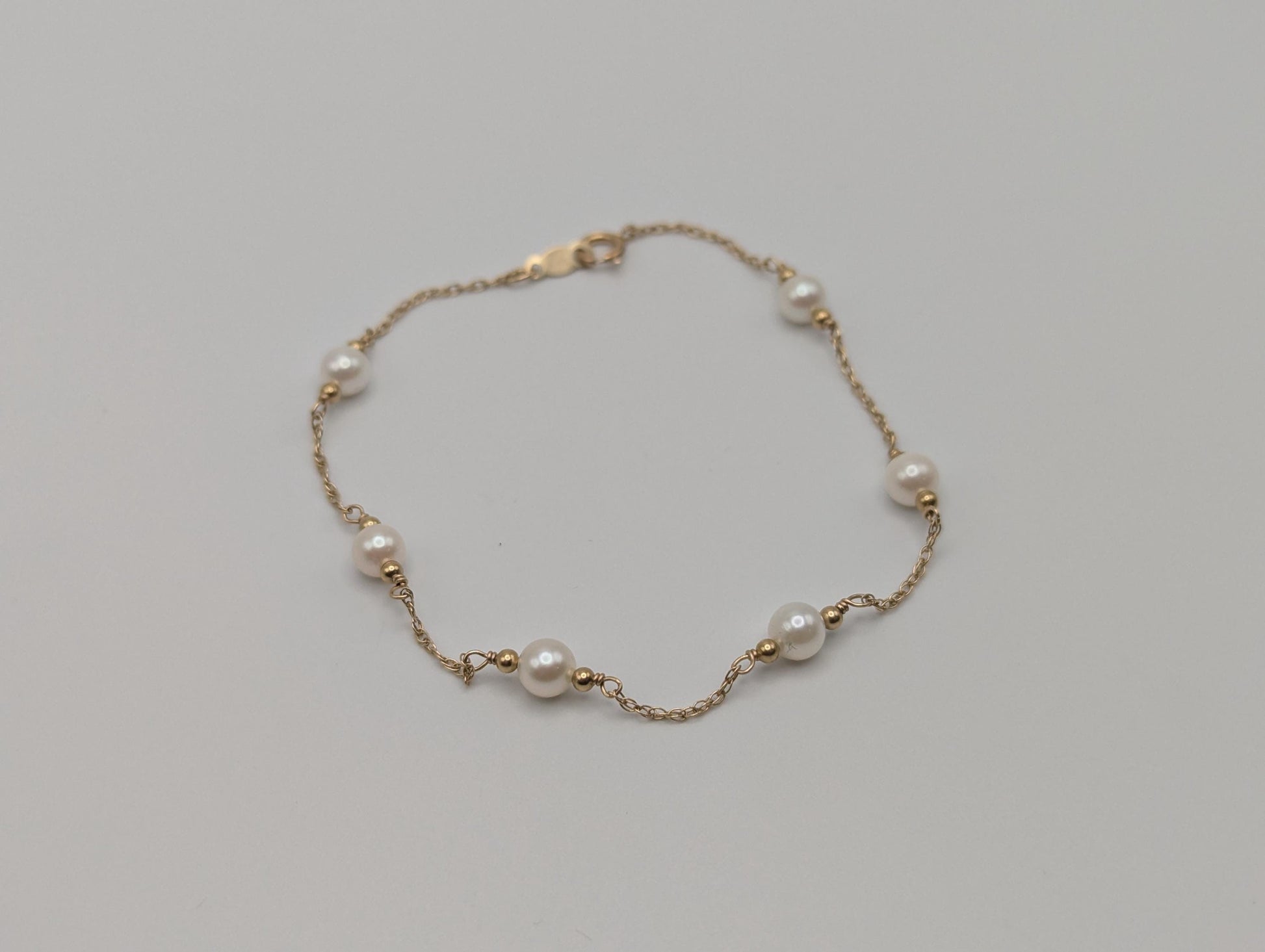 10k Yellow Gold Pearl Bracelets Women Bracelet 7" Pearl Chain Link Bracelet