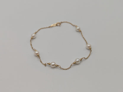 10k Yellow Gold Pearl Bracelets Women Bracelet 7" Pearl Chain Link Bracelet