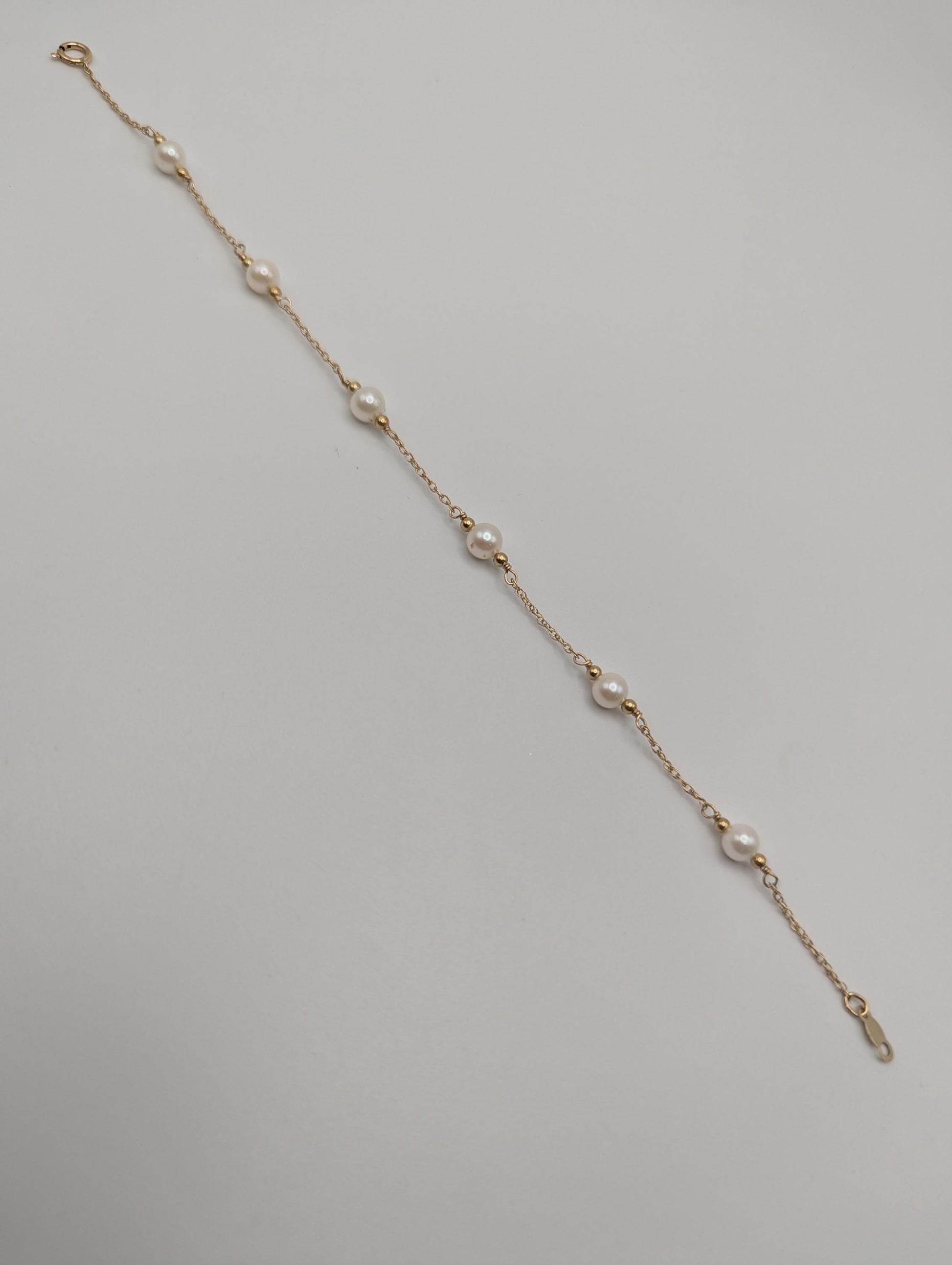 10k Yellow Gold Pearl Bracelets Women Bracelet 7" Pearl Chain Link Bracelet