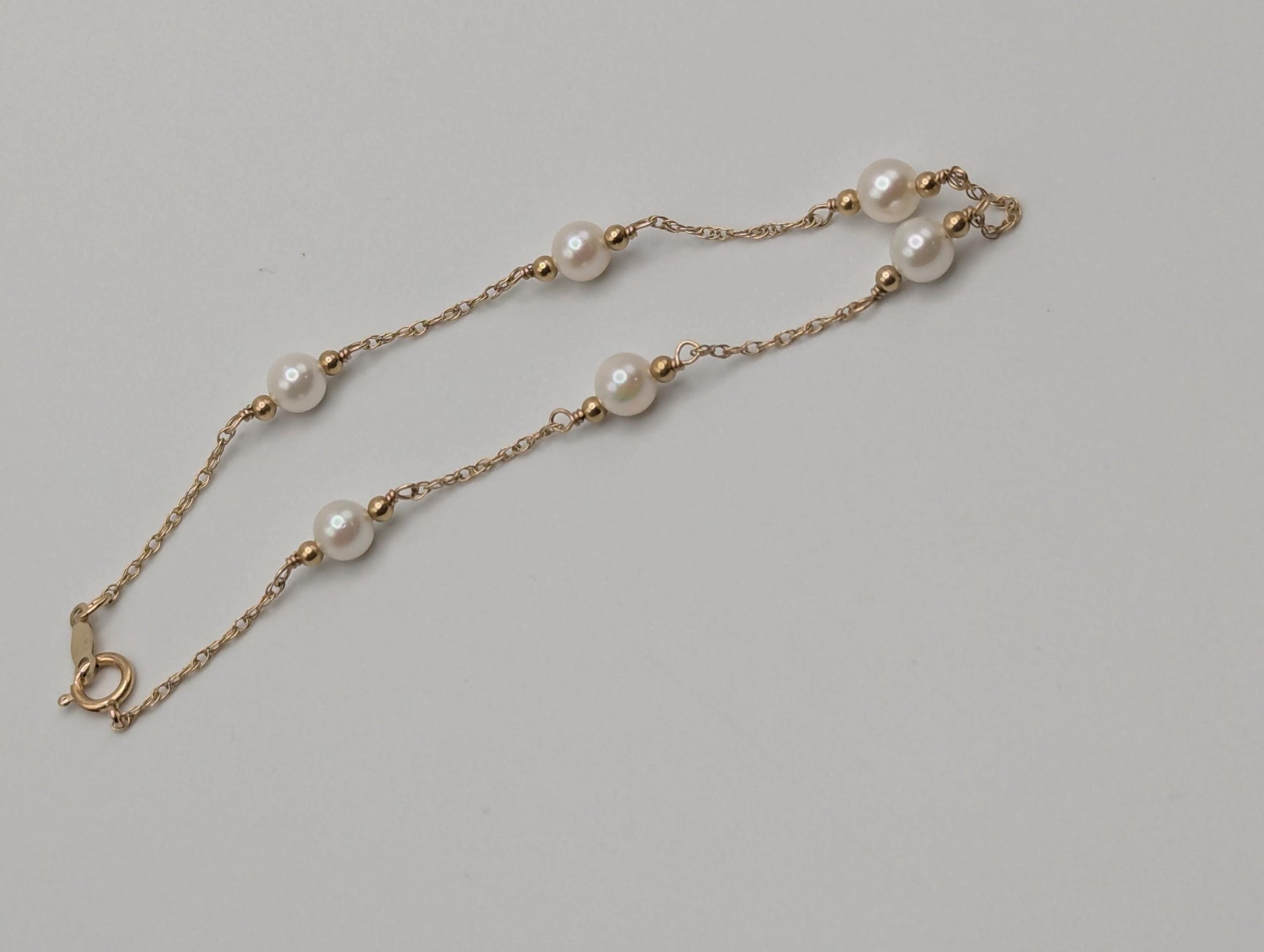 10k Yellow Gold Pearl Bracelets Women Bracelet 7" Pearl Chain Link Bracelet