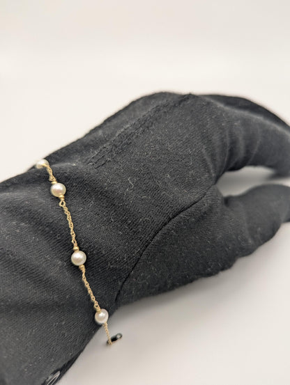 10k Yellow Gold Pearl Bracelets Women Bracelet 7" Pearl Chain Link Bracelet