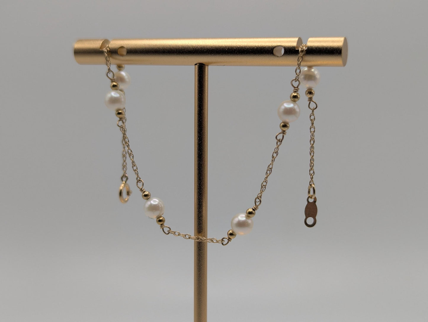 10k Yellow Gold Pearl Bracelets Women Bracelet 7" Pearl Chain Link Bracelet