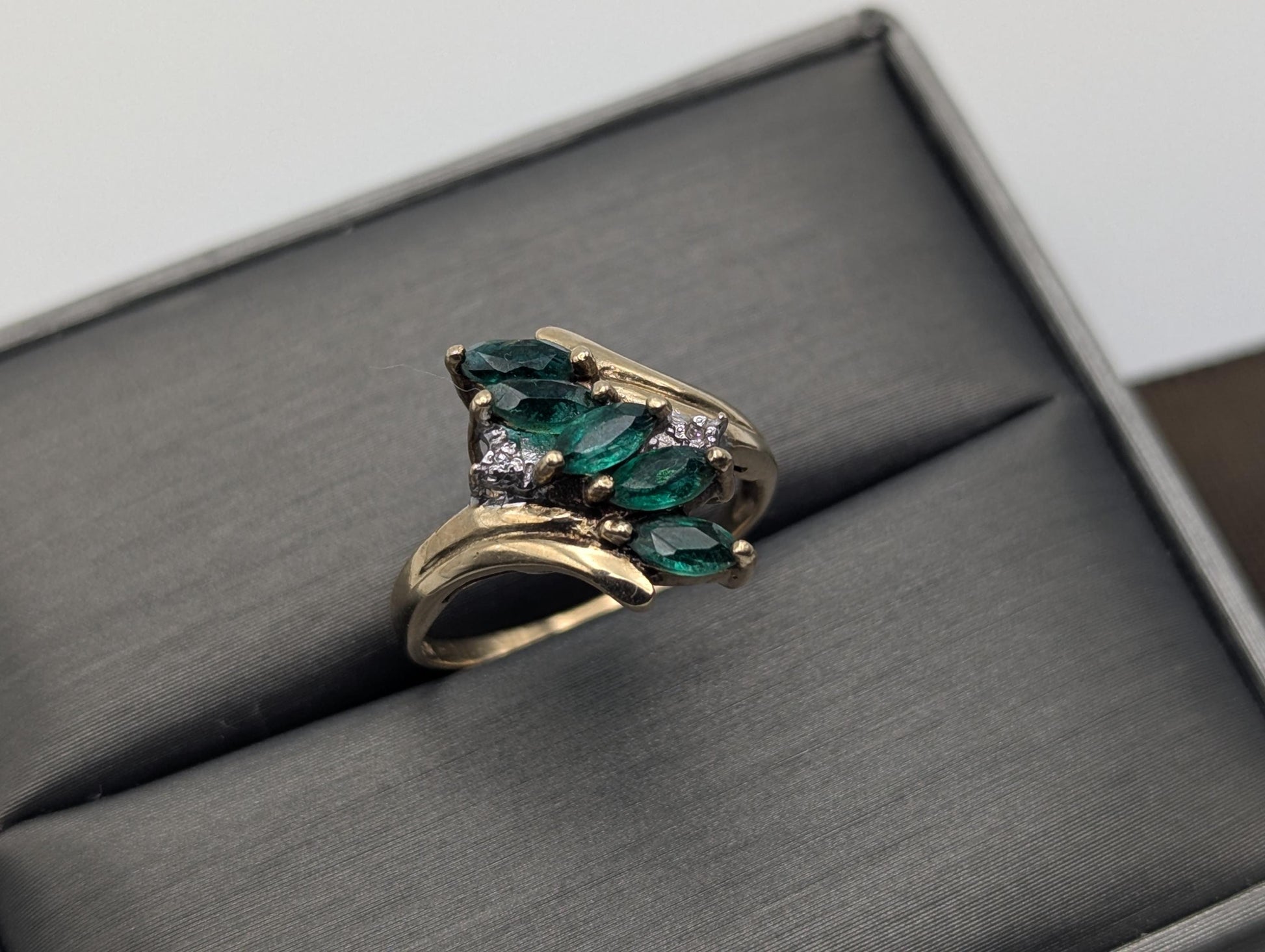 10k Yellow Gold Emerald and Diamond Statement Cocktail Multi-Stone Ring.