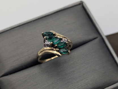 10k Yellow Gold Emerald and Diamond Statement Cocktail Multi-Stone Ring.