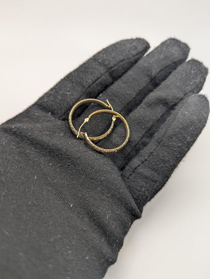 14k Vintage Yellow Gold Classic Etched Textured Hoop Earrings Gold Hoops Hinged