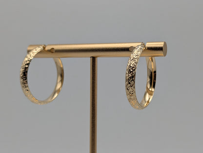 14k Vintage Yellow Gold Classic Etched Textured Hoop Earrings Gold Hoops Hinged