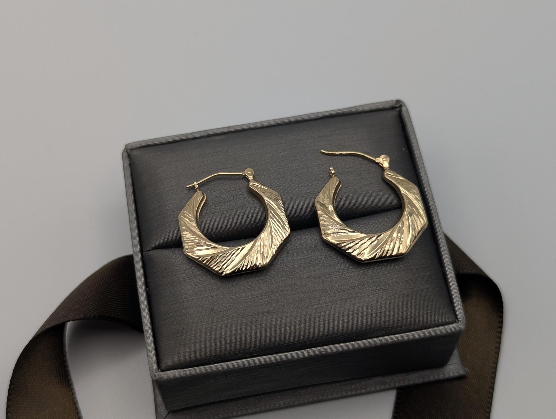 14k Gold Puff Hoop Earrings. Yellow Gold Shrimp Hoops. Classic Gold Hoops.