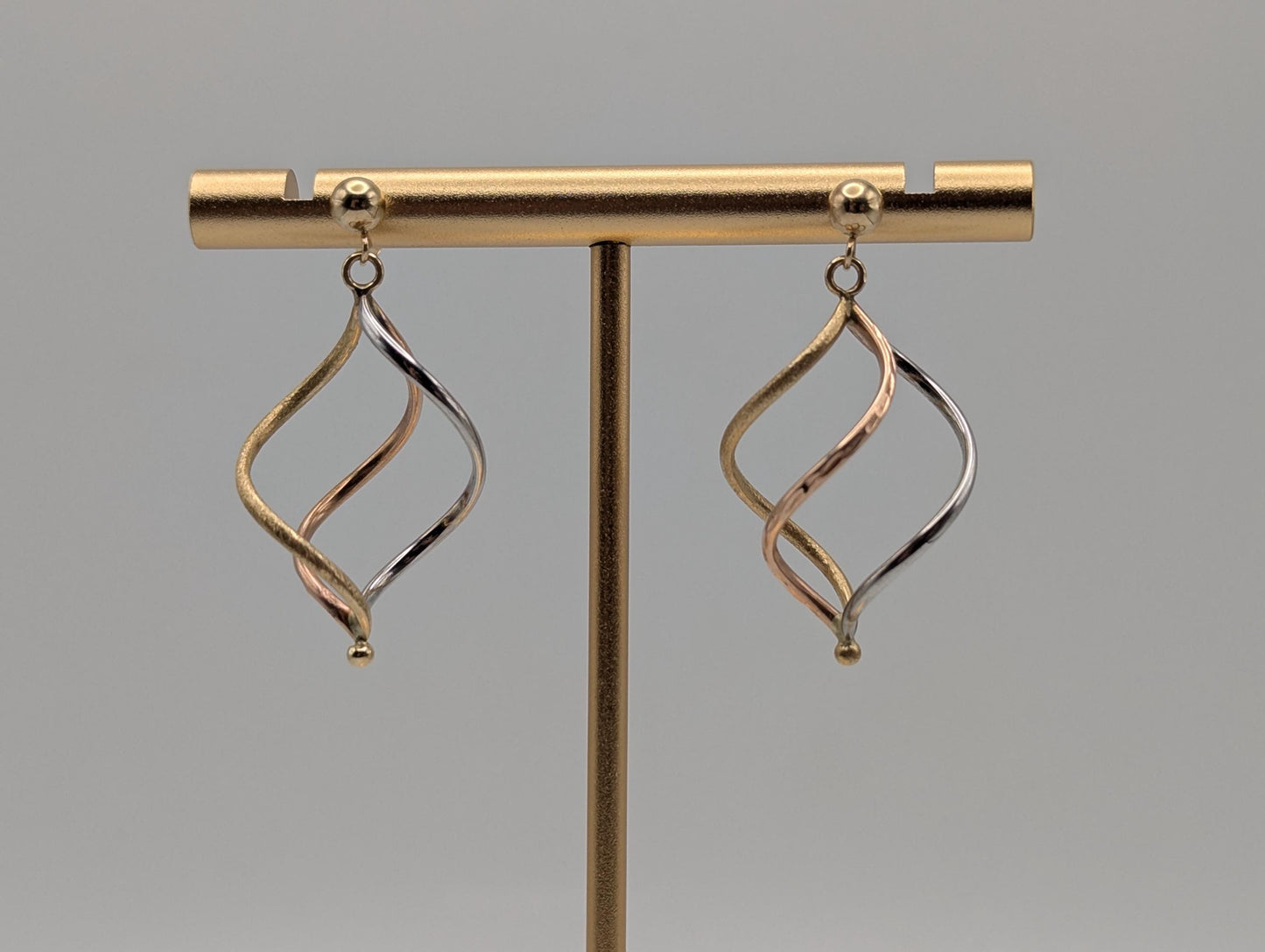 14k Multi-Gold Twisted Infinity Dangle Earrings. Twisted Classic Dangle Hoops.