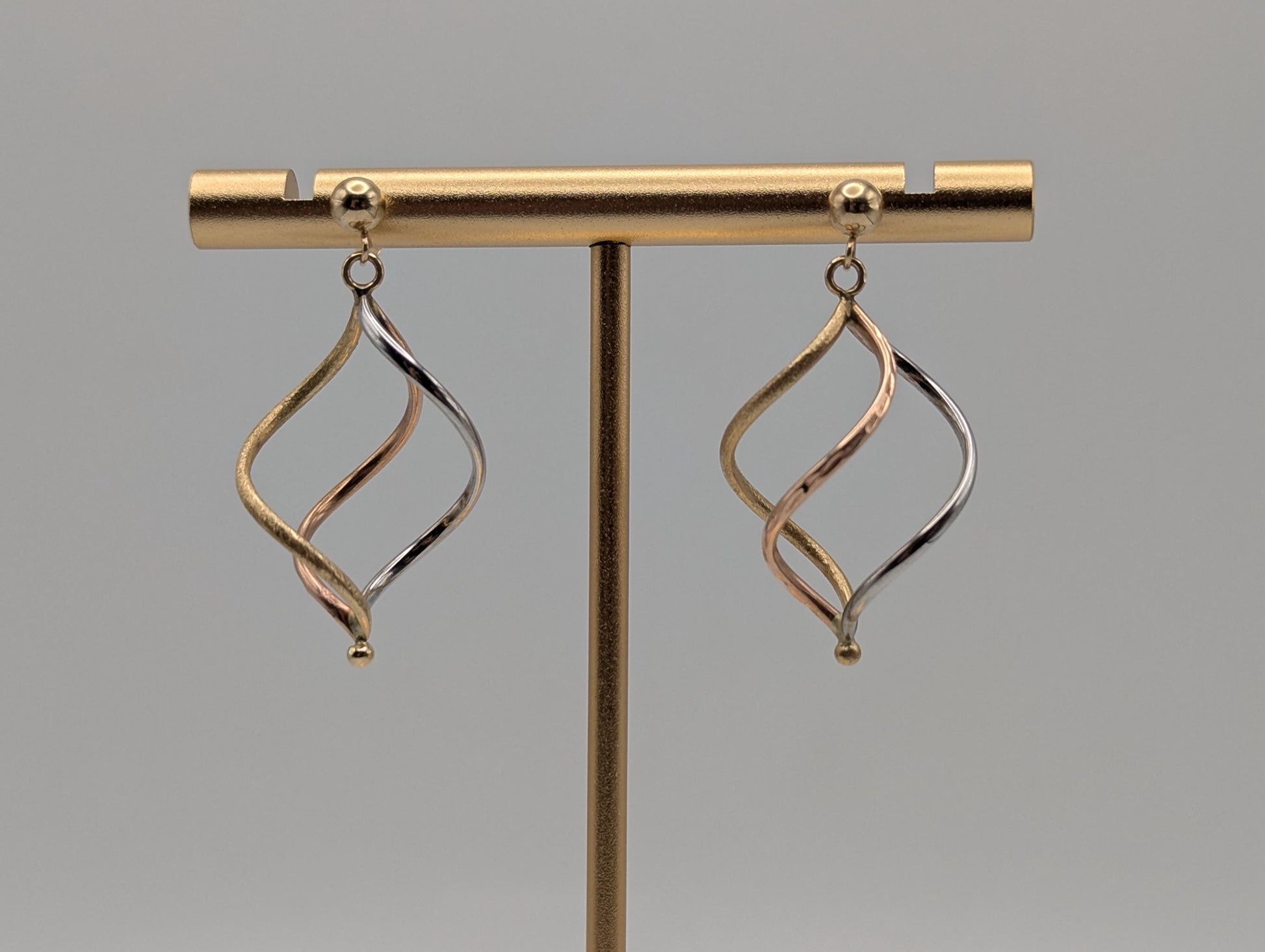 14k Multi-Gold Twisted Infinity Dangle Earrings. Twisted Classic Dangle Hoops.