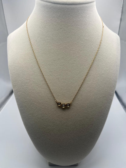 14k Yellow Gold Triple Diamond Necklace. Three Stone Diamond Chain Necklace.