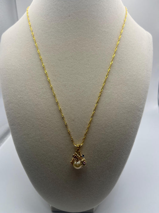 14 K Yellow Gold Pearl Pendant with Multi-Stone + complimentary GF 14k 18" Necklace.
