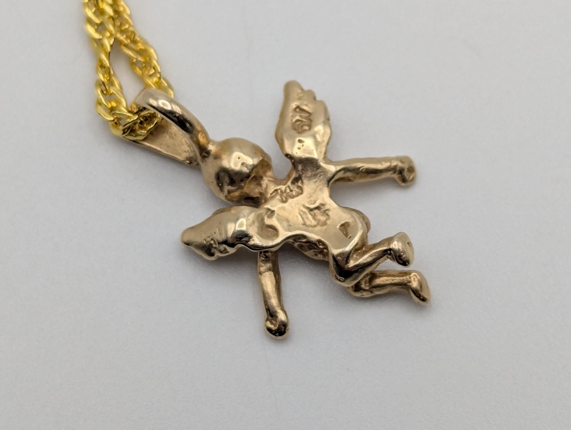 14K Yellow Gold Angel Pendant Necklace + Complimentary 18k GF 18" Chain