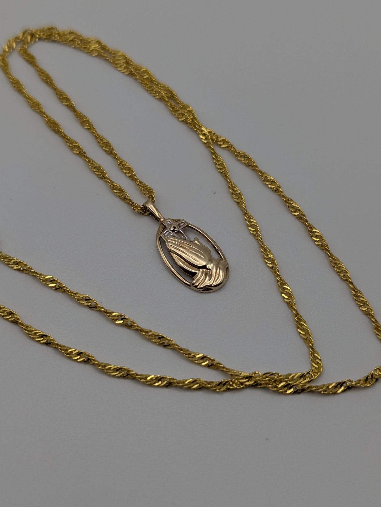 14K Yellow Gold Praying Hands Pendant Necklace + Complimentary 18k GF 18" Chain