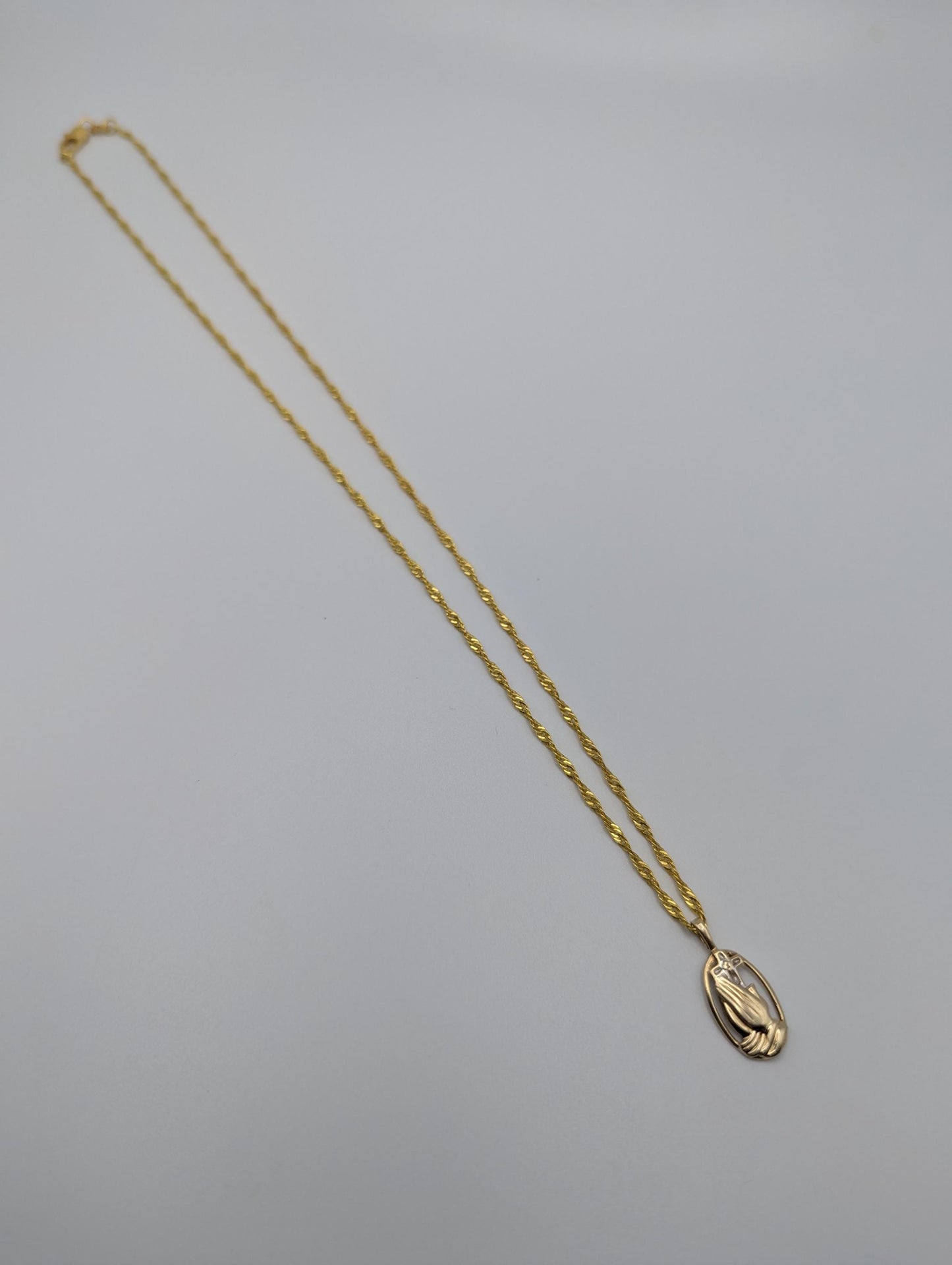 14K Yellow Gold Praying Hands Pendant Necklace + Complimentary 18k GF 18" Chain