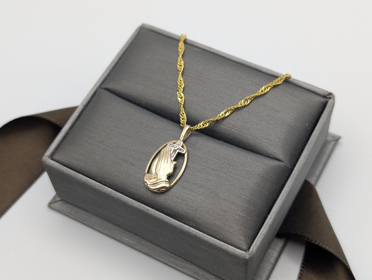 14K Yellow Gold Praying Hands Pendant Necklace + Complimentary 18k GF 18" Chain