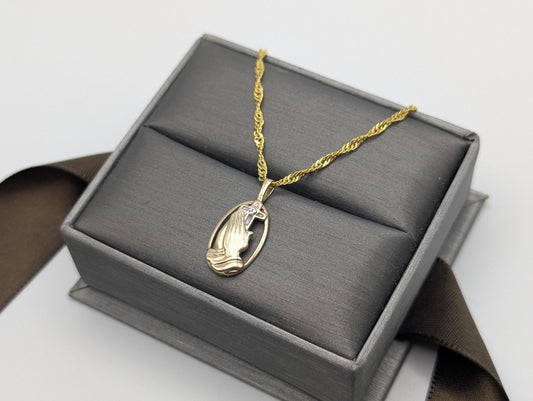14K Yellow Gold Praying Hands Pendant Necklace + Complimentary 18k GF 18" Chain