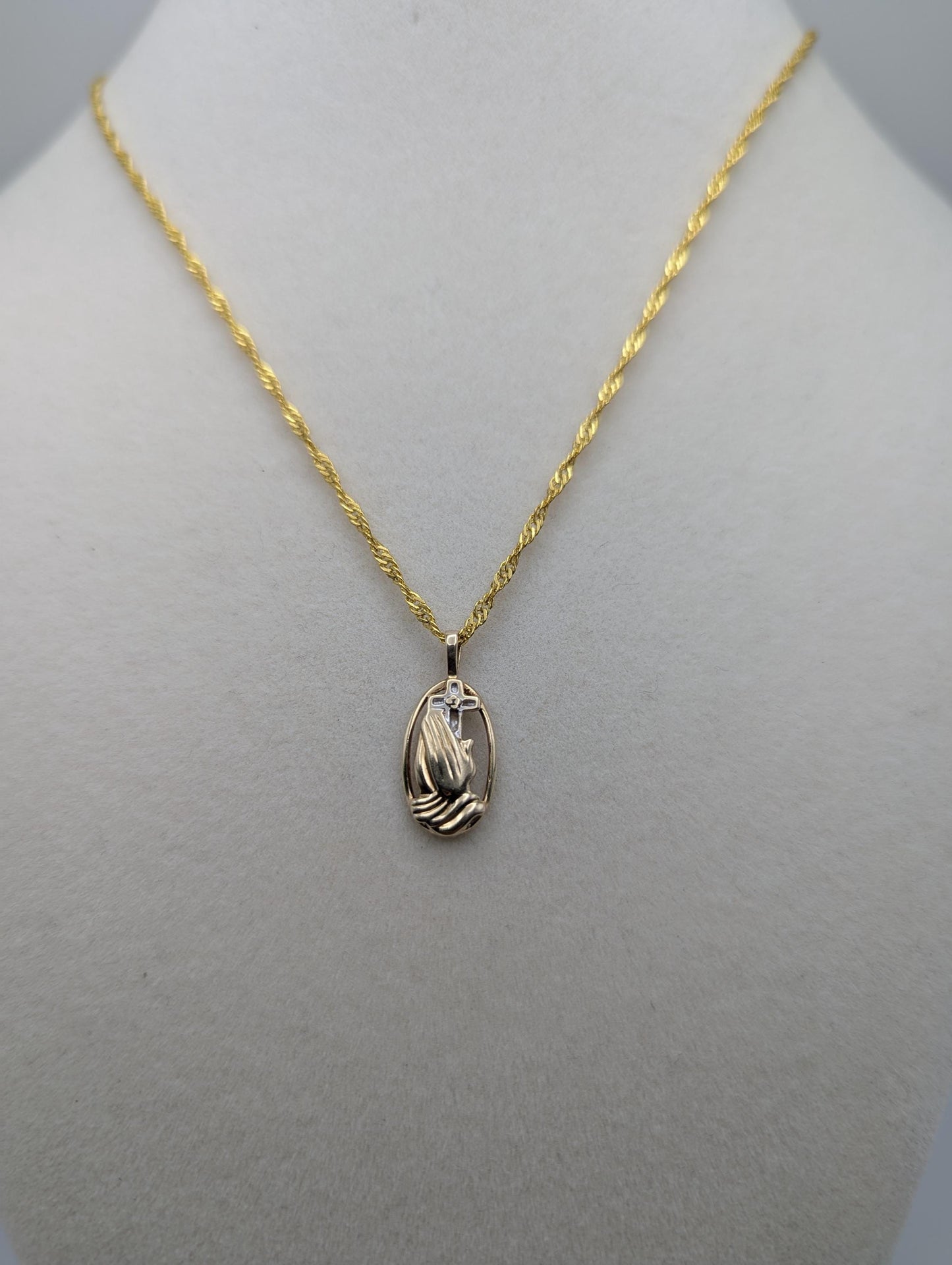 14K Yellow Gold Praying Hands Pendant Necklace + Complimentary 18k GF 18" Chain