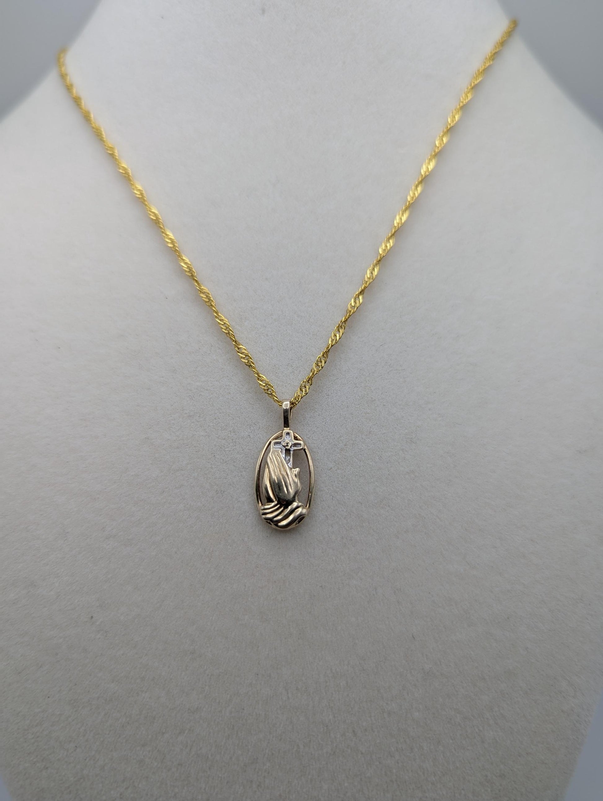 14K Yellow Gold Praying Hands Pendant Necklace + Complimentary 18k GF 18" Chain