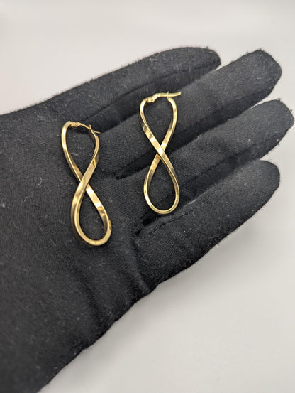 14k ITALY Twisted Long Infinity Hoop Earrings. Etched Twisted Hoops
