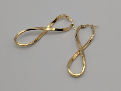 14k ITALY Twisted Long Infinity Hoop Earrings. Etched Twisted Hoops