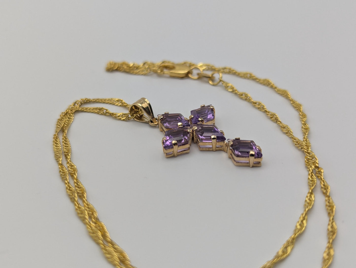 14k Yellow Gold Large Cross Amethyst Pendant Necklace + Compliment GF 18k chain